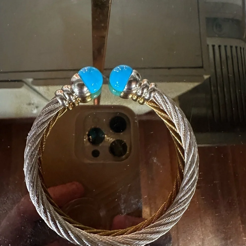 Gold Cable Bracelet with Blue Accents